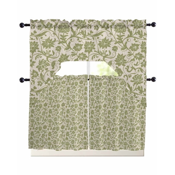 Green Floral Swag Kitchen Curtains Sets for Windows 24 Inch Length, Vintage Rustic Botanical Spring Short Window Curtain Panels Swags Valances and Tiers 3 Piece Set for Cafe/Dining Room