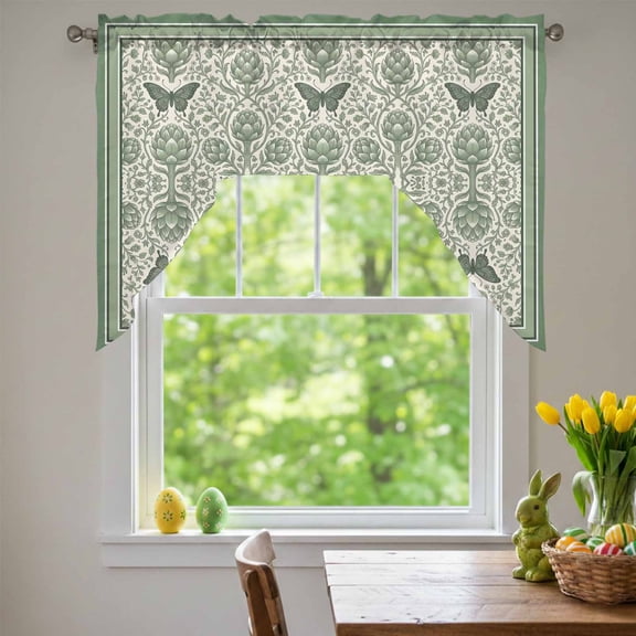 Green Floral Swag Valances for Kitchen Window, Retro Boho Victorian Green Flower Butterfly Texture Small Swag Valances Rod Pocket Curtain Drapes Window Treatment for Bedroom Bathroom, 56x36 Inch