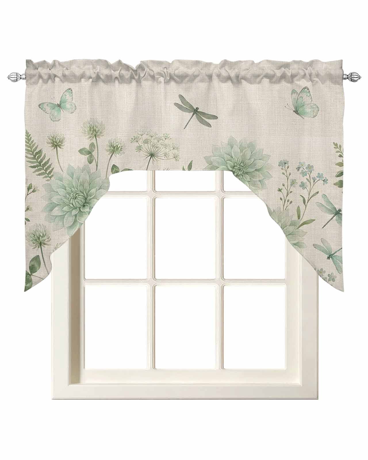Green Floral Swag Valances for Windows 56 x 36 Rod Pocket Light Filtering Window Topper Summer Spring Green Dragonfly Butterfly Linen Texture for Kitchen Bathroom Bedroom Living Room
