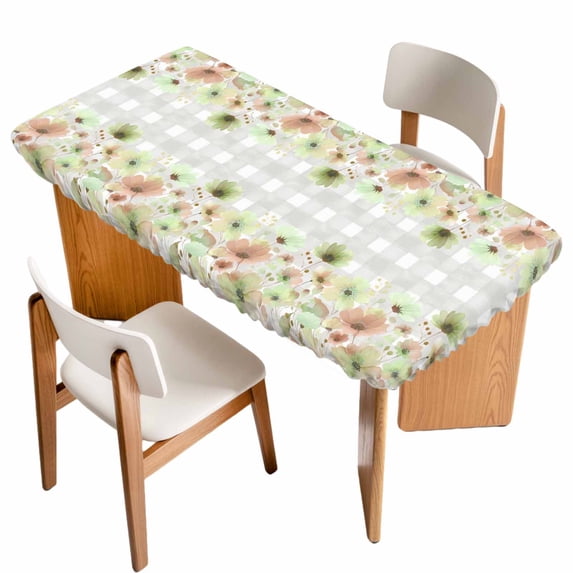 Green Floral Table Cloths for 3 Foot Rectangle Tables, Spring Flowers Botanical Gray and White Plaid Patio Waterproof Elastic Fitted Tablecloths, Washable Rectangular Table Cover for Camping
