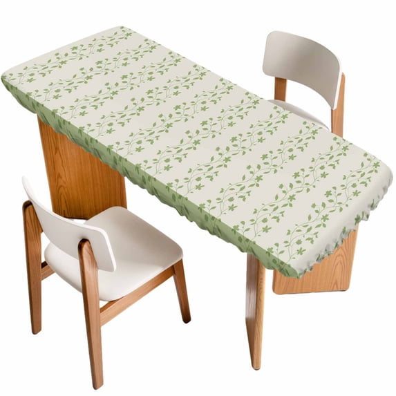 Green Floral Table Cloths for 8 Foot Rectangle Tables, Spring Flowers Patio Waterproof Elastic Fitted Tablecloths, Washable Rectangular Table Cover for Camping