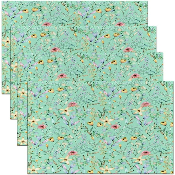 Green Floral Table Place Mats Yellow Flowers and Green Leaves Placemats Set of 4 Garden Floral Pattern Placemat for Kitchen Dining Table 18"x12" Botanical Indoor Outdoor Decor Table Mats