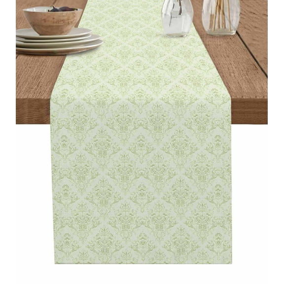 Green Floral Table Runner 72 Inches, Farmhouse Luxury Scroll Flowers Patterned Bed Runner Dresser Scarves Tabletop for Indoor Outdoor Parties/Ceremony/Banquet, 14" x 72"