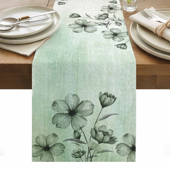 Green Floral Table Runner - 90 Inch Long, Kitchen Dining Table Runner Dresser Scarves, Country Rustic Ombre Painting Art Watercolor Farmhouse Decor for Coffee Tables Wedding Party Banquet