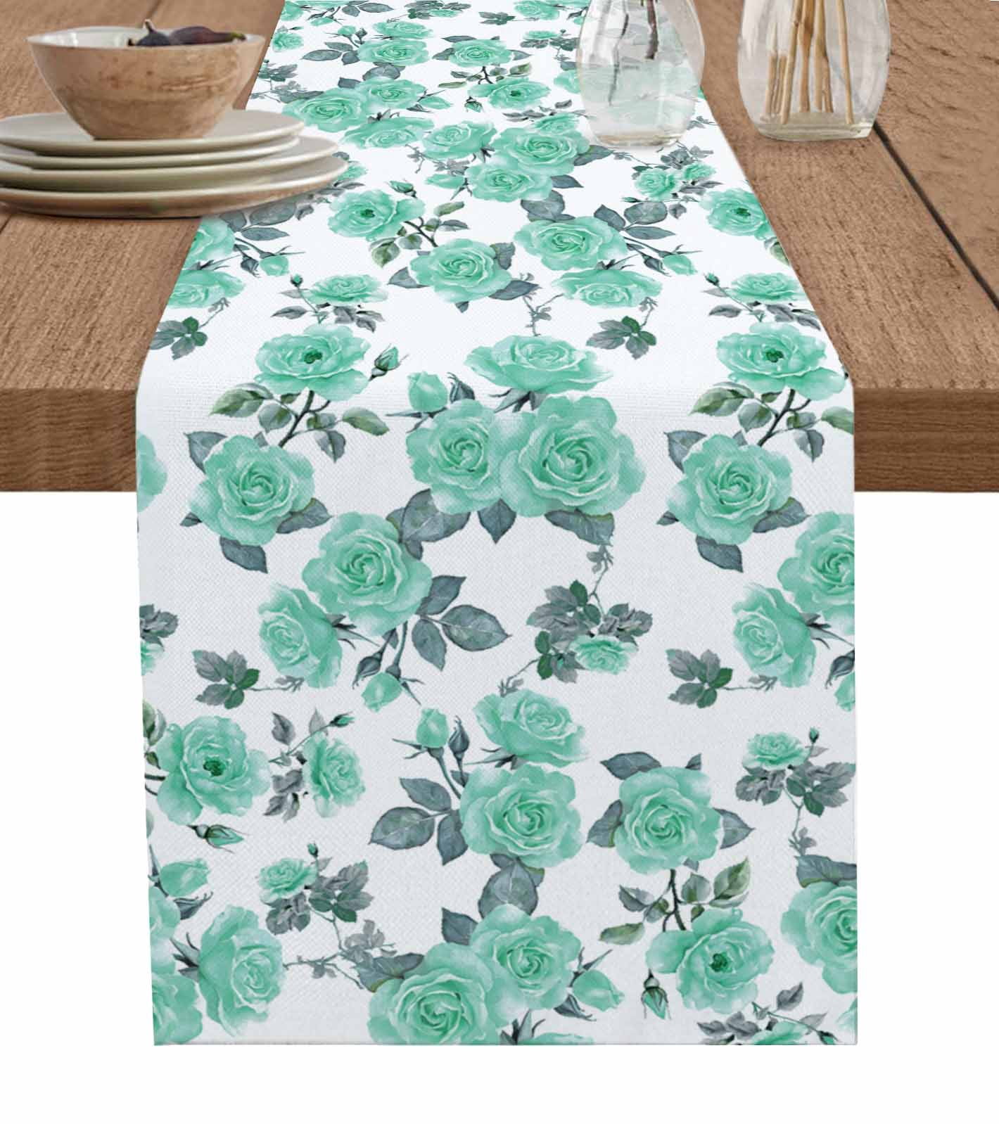 Green Floral Table Runner Cotton Linen 36 Inch Holiday Dresser Scarves, Farmhouse Garden Flowers Botanical Tablerunner for Kitchen Coffee Dining Bedroom Home Living Room Dinner Scarf Décor 13''x36''
