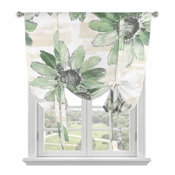 Green Floral Tie Up Curtain 63 Inches Long, Vintage Flowers Balloon Style Kitchen Window Curtain Over Sink, Small Window Rod Pocket Curtain 42"x63"