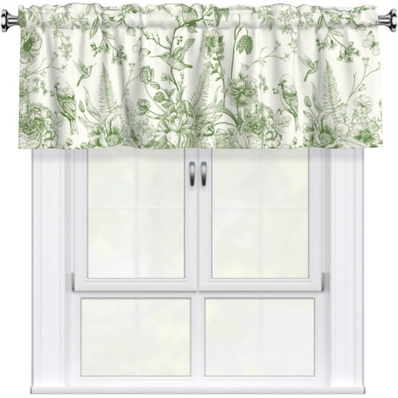 Green Floral Toile Curtain Valance for Windows, 54x18inch Chinoiserie Flowers Birds and Leaves Print Rod Pocket Top Treatment Drapes for Living Room Bedroom French Country Décor
