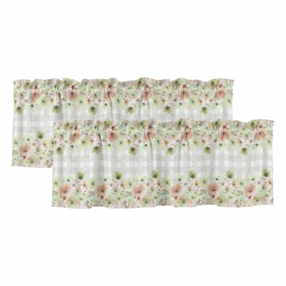 Green Floral Valances for Windows, Decorative Rod Pocket Window Valance Curtains, Spring Flowers Botanical Gray and White Plaid Short Curtain Drapes for Kitchen/Living Room, 2 Panels, 42" W x 12" L