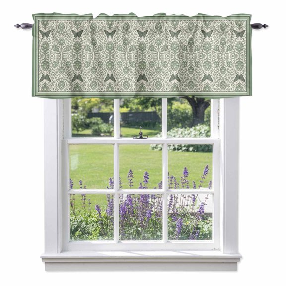 Green Floral Valances for Windows Retro Boho Victorian Green Flower Butterfly Texture Rod Pocket Cafe Window Treatments Valance Curtains for Kitchen Bathroom Laundry Basement Windows 60"x14"