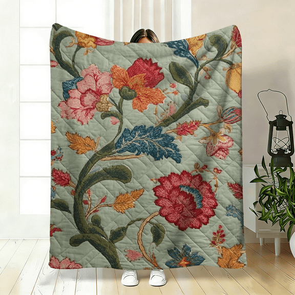 Green Floral Vine Print Throw Blanket, Light Beige Soft Fleece Bedding Decor, Elegant Farmhouse Aesthetic Blanket for Bedroom, Sofa, and Living Room (Lightweight)
