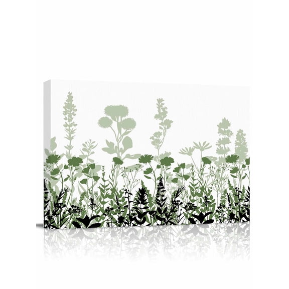Green Floral Wall Art for Living Room,Canvas Picture Wall Decor for Bathroom Bedroom,Spring Flowers Herb Silhouette Farmhouse Painting Artwork for Office Kitchen Hallway Dining Room Decor 12"x16"