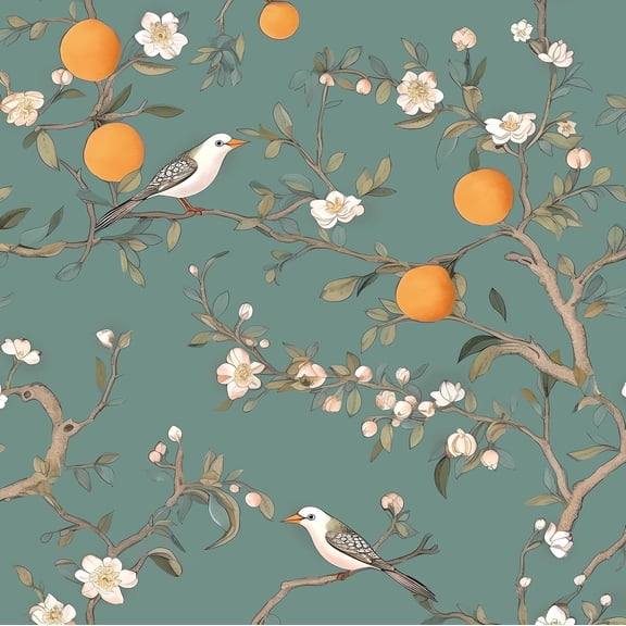Green Floral Wallpaper Peel and Stick, Birds Contact Paper Orange Fruits,White Flowers Botanical Boho Wall Paper Self Adhesive Waterproof Removable for Room Shelves Cabinet Drawer Table 17.5" x 118"