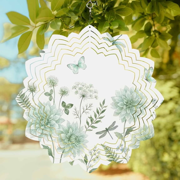 Green Floral Wind Spinner for Garden Yard 8In, Summer Spring Green Dragonfly Butterfly 3D Stainless Steel Kinetic Hanging Wind Spinners Rustproof Outdoor Decor for Lawn Patio Home