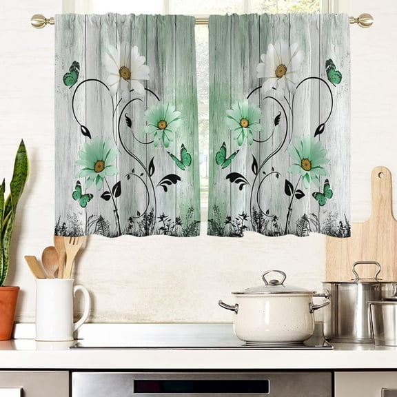 Green Floral Window Curtains for Kitchen Flower Cute Retro Rustic Sage Mint Daisy Small Short Home Living Room Bedroom Bathroom Drapes Treatment Tiers Fabric 1 Pair, 27.5" W x 39" L, Country
