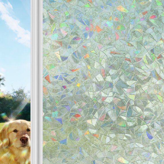 Green Floral Window Privacy Film Stain Glass,Reusable Decorative Rainbow Window Film,Farmhouse Luxury Scroll Flowers Patterned Static Cling Sun Blocking Stickers Decals Covers 17.7" x 39.3" (2pcs)