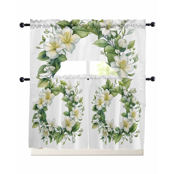 Green Floral Wreath Kitchen Curtains Sets 24 Inch Length with Valance, Spring Farmhouse Blooms Swag Valances and Tiers Curtain Set Drapes Swag Curtains for Living Room, Bathroom, Bedroom, Cafe