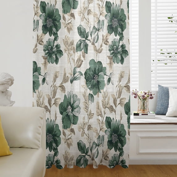 Green Florals Sheer Curtains 63 Inch Length, Light Filtering Voile Curtain Panel, Farmhouse Botanical Peonies Vintage Leaves Rod Pocket Drapes Window Treatments for Living Room Bedroom 52"x63"