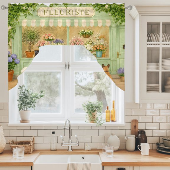 Green Florist Storefront Swag Valance for Windows, Rustic Playful Array of Seated Dogs Swag Curtains Valances for Small Window Treatment Rod Pocket for Kitchen Bathroom 1 Panel 56x36in