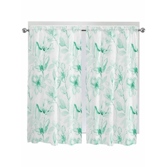 Green Flower Bathroom Window Curtain, Watercolor Floral Botanical Line Drawing Print Light Filtering Coffee Kitchen Curtains, Bedroom Living Room Curtains 2 Panel 84"x63"