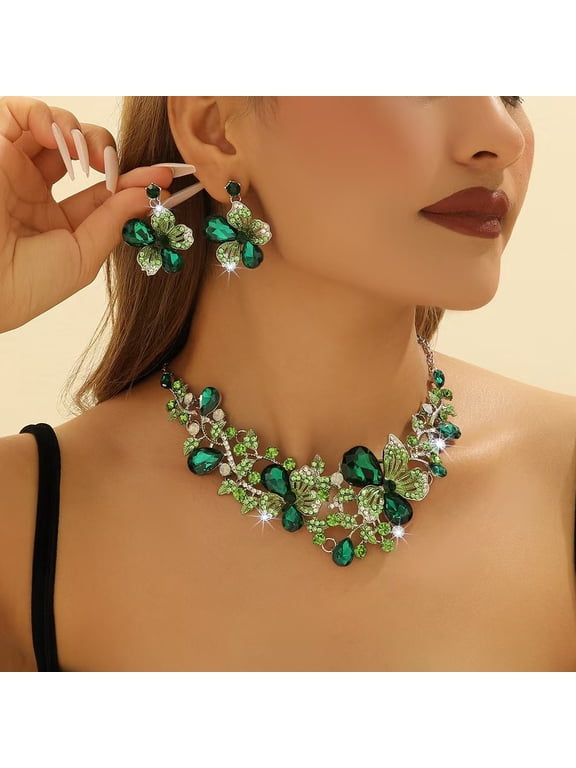 Green Flower Bib Statement Necklace and Earrings Cluster Crystal Chunky Jewelry Set Rhinestone Bridal Jewelry Set for Women
