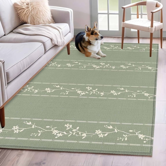 Green Flower Branch Area Rugs 2.7'x5', Washable Small Throw Rugs for Kitchen Bedroom, Spring Summer Farmhouse Botanical Indoor Outdoor Rug Non-Slip Low Pile Carpet Runner Reversible Floor Mats