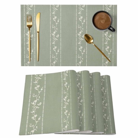 Green Flower Branch Placemats Set of 6 Spring Summer Farmhouse Botanical Place Mats Indoor Wipeable Table Mats Washable Cloth Dining Table Placemats for Kitchen Holiday Party Home Decor 13x19 Inch