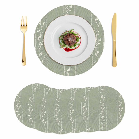 Green Flower Branch Round 13 Inch Placemats Set of 6, Spring Summer Farmhouse Botanical HeatResistant Non Slip Place Mats for Dining Table, Wipeable Braided Kitchen Table Mats for Housewarming