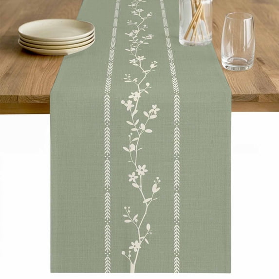 Green Flower Branch Table Runner - 90 Inch Long Spring Summer Farmhouse Botanical Cotton and Linen Blended Dress Scarves Farmhouse Table Runner for Kitchen Dining, Coffee Table, 13" x 90"