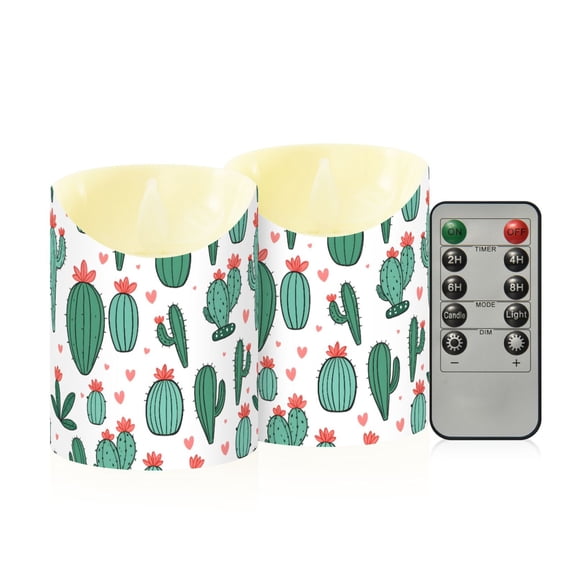 Green Flower Cactus Pattern Flameless Candles 2 PCS with Remote Realistic Moving Flame LED Tapered Pillar Set for Home Decor