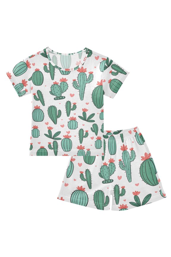 Green Flower Cactus Pattern Summer Pajama Set Soft Cotton Short Sleeve Sleepwear 2PCS Pajama Sets Breathable Lounge Set Size 14Y