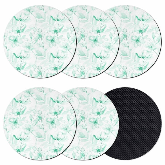Green Flower Coasters Set of 6, Absorbent Coasters for Drinks, Watercolor Floral Botanical Line Drawing Print Coaster for Desk Coffee Table Protection, Home Decor House Warming Gifts 4"