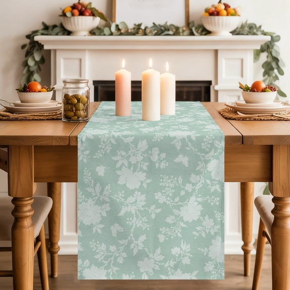 Green Flower Dining Table Runner, Classic Mint Green Rose Damask Shabby Chic French Country Washable Table Runners Kitchen Coffee Table Center Decor for Home Party Holiday Wedding 13 x 48 Inches