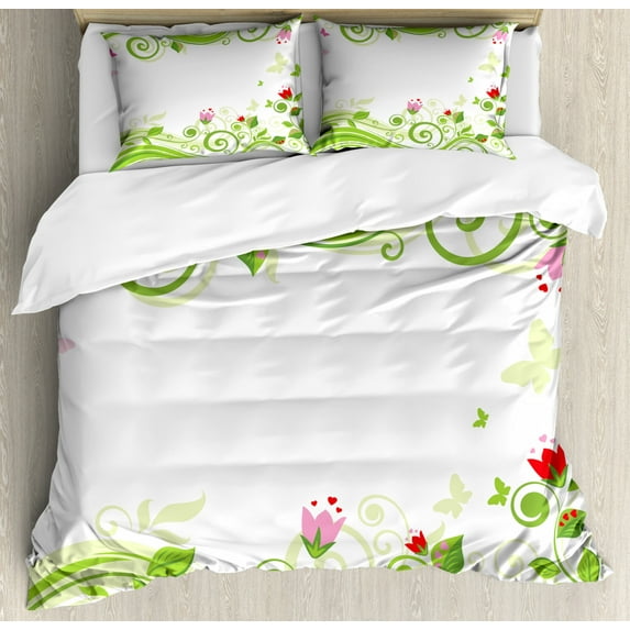 Green Flower Duvet Cover Set Queen Size, Blossoming Abstract Elements Swirls Springtime Foliage Illustration, Decorative 3 Piece Bedding Set with 2 Pillow Shams, Lime Green Pink Red, by Ambesonne