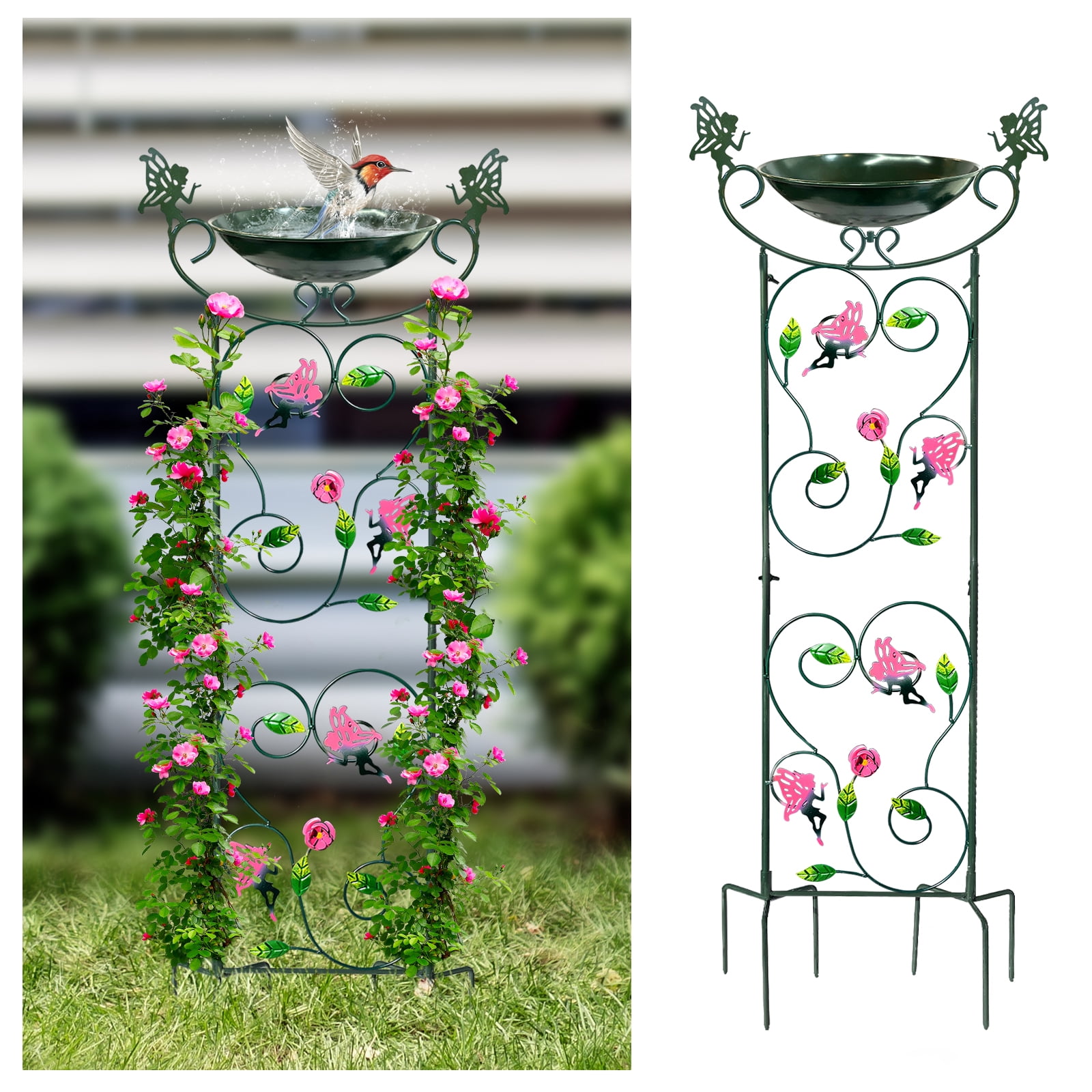 Green Flower Fairy Garden Bird Bath with Trellis and Plant Stake - 36" Height, Hongland Brand (1 Pc)