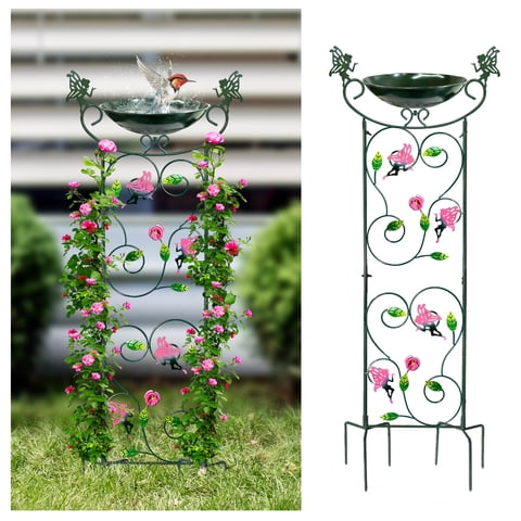 Green Flower Fairy Garden Bird Bath with Trellis and Plant Stake - 36" Height, Hongland Brand (1 Pc)