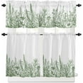 thumbnail image 1 of Green Flower Kitchen Curtains and Valances Set, Rod Pocket Curtains Tier Farmhouse Window Curtains 36 Inch Length, Botanical Floral Leaves Plants Spring 3 Piece Kitchen Curtains Set, 1 of 6
