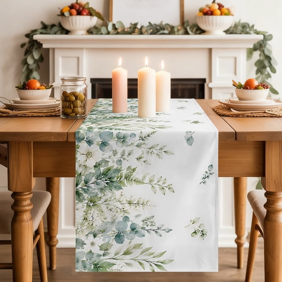 Green Flower Leaf Dining Table Runner, Rustic Farmhouse Botanical Plant Washable Table Runners Kitchen Coffee Table Center Decor for Home Party Holiday Wedding 13 x 36 Inches