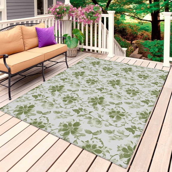 Green Flower Outdoor Rug for Patio/Deck/Porch, Non-Slip Large Area Rug 4 x 6 Ft, Country Watercolor Vintage Floral Indoor Outdoor Rugs Washable Area Rugs, Reversible Camping Rug Carpet Runner