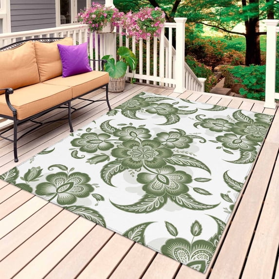Green Flower Outdoor Rug for Patio/Deck/Porch, Non-Slip Large Area Rug 5 x 7 Ft, Vintage Ethnic Tribe Floral Abstract Indoor Outdoor Rugs Washable Area Rugs, Reversible Camping Rug Carpet Runner