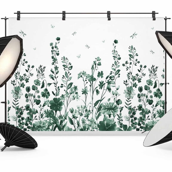 Green Flower Photography Backdrop 7x5FT, Dragonfly Leaf Bud Ink Style Plant Nature Photo Backdrops, Background for Photography Studio Photo Studio Background, Back Drop for Photoshoot