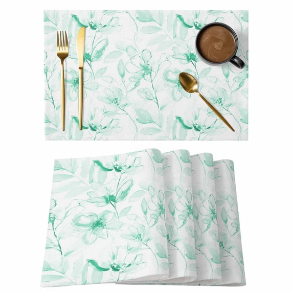 Green Flower Placemats Set of 4, Watercolor Floral Botanical Line Drawing Print Placemats for Dining Table, Place Mats for Kitchen Tabletop, Waterproof Wipeable Dining Table Mats Set