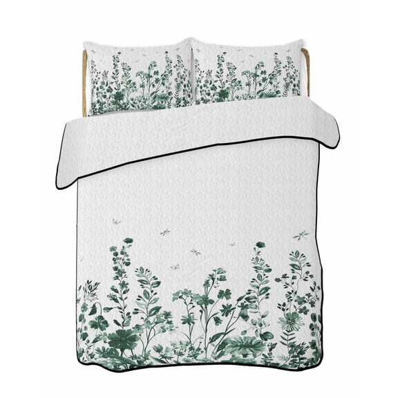 Green Flower Quilts Bedding Set King Size Dragonfly Leaf Bud Ink Style Plant Nature Lightweight Quilted Bedspread 3 Piece Bed Quilt with 2 Pillow Shams All Season for Bedroom 90" x 96"