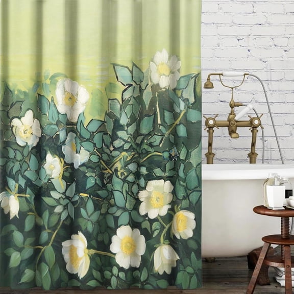 Green Flower Shower Curtain by Garden Art Oil Painting 72"x72", Waterproof Soft Polyester Washable Bathroom Curtain with 12 Hooks Set for Hotel Bathtub Home Decor