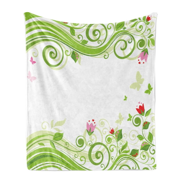 Green Flower Soft Flannel Fleece Blanket, Blossoming Abstract Elements Swirls Springtime Foliage Illustration, Cozy Plush for Indoor and Outdoor Use, 70" x 90", Lime Green Pink Red, by Ambesonne