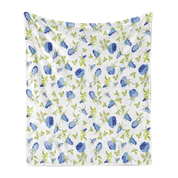 Green Flower Soft Flannel Fleece Blanket, Floral Pattern Abstract Rose Design Romance Valentines Day Inspired, Cozy Plush for Indoor and Outdoor Use, 50" x 70", Blue Pale Green White, by Ambesonne