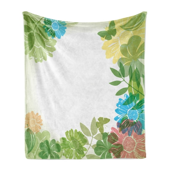 Green Flower Soft Flannel Fleece Blanket, Floral Pattern Wildflowers Leaves and Butterflies Nature Inspired Illustration, Cozy Plush for Indoor and Outdoor Use, 60" x 80", Multicolor, by Ambesonne