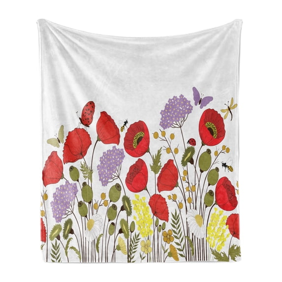 Green Flower Soft Flannel Fleece Blanket, Hand Drawn Nature Scene with Foliage and Fauna Elements Honey Bees Butterflies, Cozy Plush for Indoor and Outdoor Use, 70" x 90", Multicolor, by Ambesonne