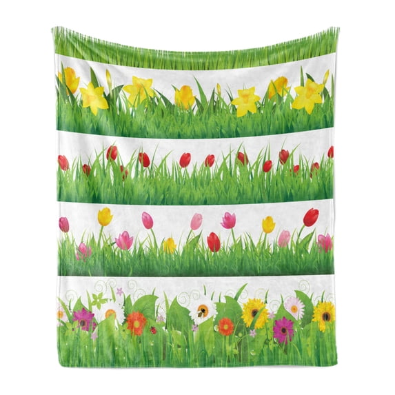 Green Flower Soft Flannel Fleece Blanket, Lawn Pattern Horizontal Design Floral Arrangement Nature Scenes Spring Season, Cozy Plush for Indoor and Outdoor Use, 50" x 60", Multicolor, by Ambesonne