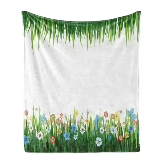 Green Flower Soft Flannel Fleece Blanket, Nature Illustration with Grass and Flowers Countryside Meadow Abstract Foliage, Cozy Plush for Indoor and Outdoor Use, 70" x 90", Multicolor, by Ambesonne