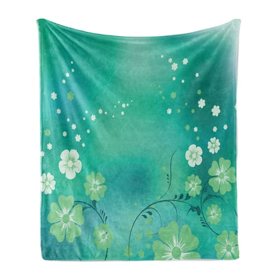 Green Flower Soft Flannel Fleece Throw Blanket, Floral Arrangement Vibes Leaves Petals Swirls, Cozy Plush for Indoor and Outdoor Use, 70" x 90", Pistachio Turquoise, by Ambesonne